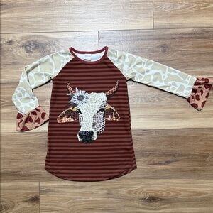 Kids Long Sleeve Cow Print Shirt with Striped Design